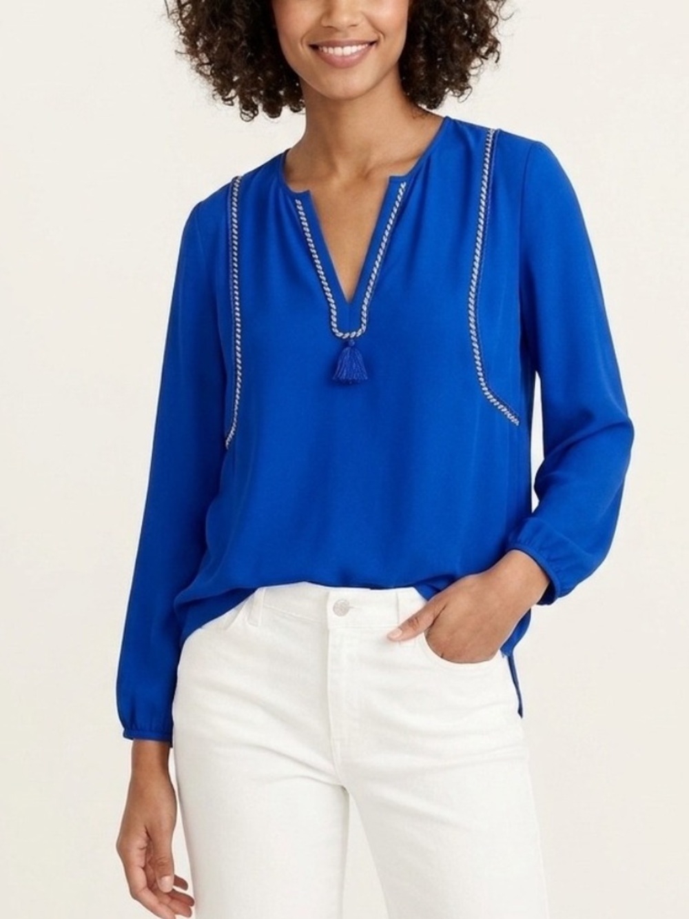 J.Crew Cobalt Blue Braided Cord Tassel Popover Blouse Size 8